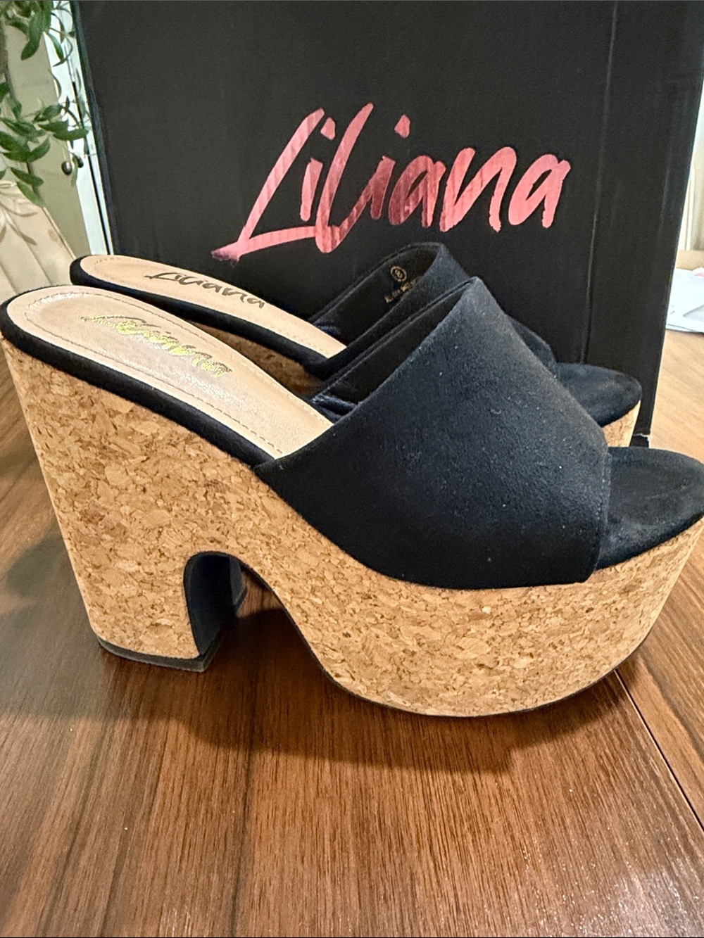 Mossimo Supply Co. Black Cork Platform Slide Wedges